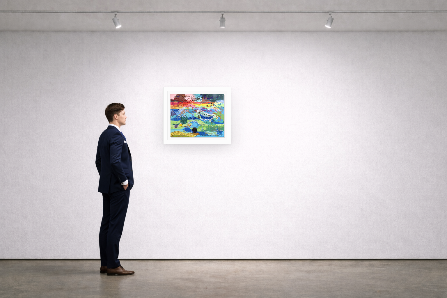 Gallery installation view of Larusa artwork 001 with flat white floating frame and realistic overlapping multi-light shadow