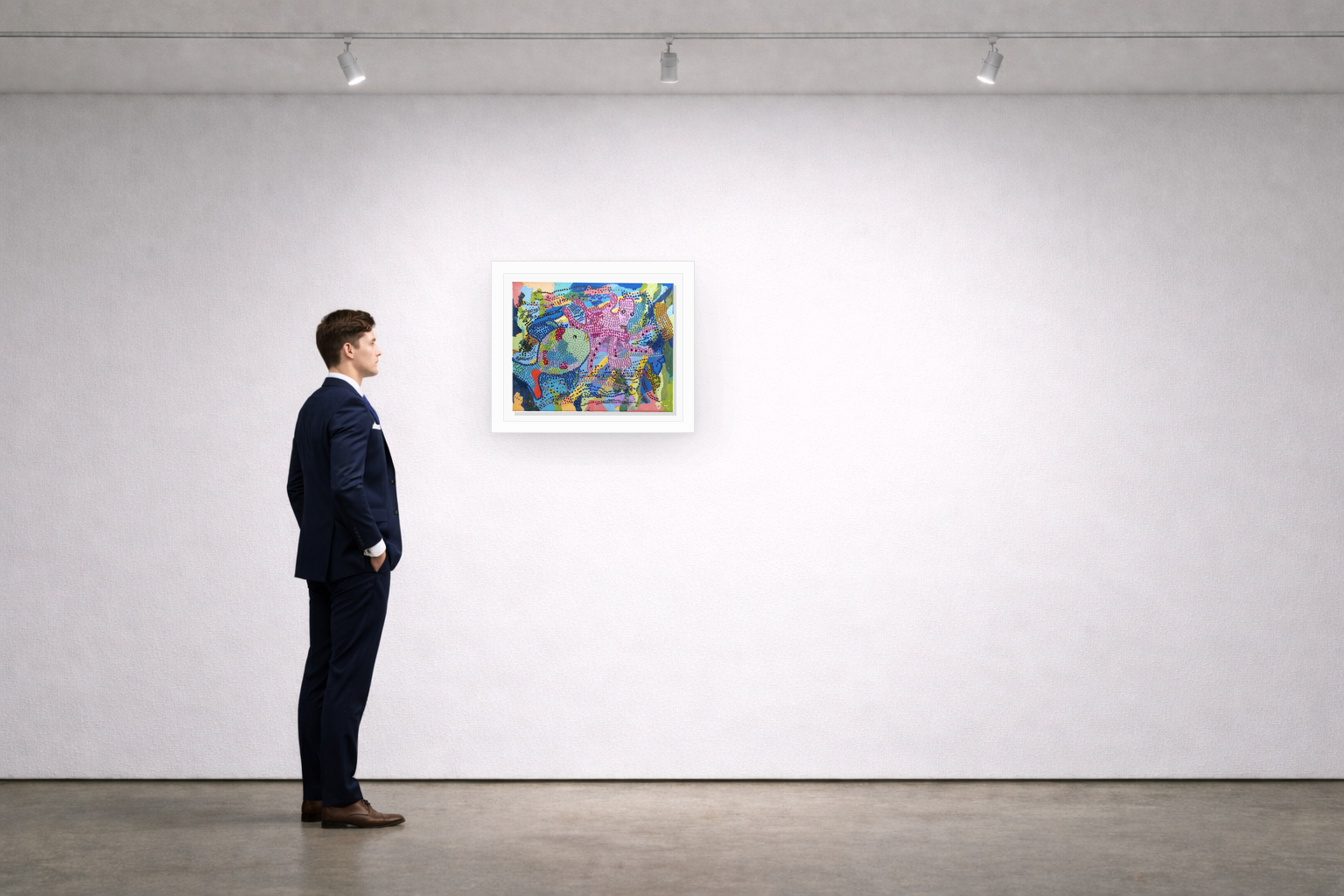 Gallery installation view of Larusa artwork 002 with flat white floating frame and realistic overlapping multi-light shadow