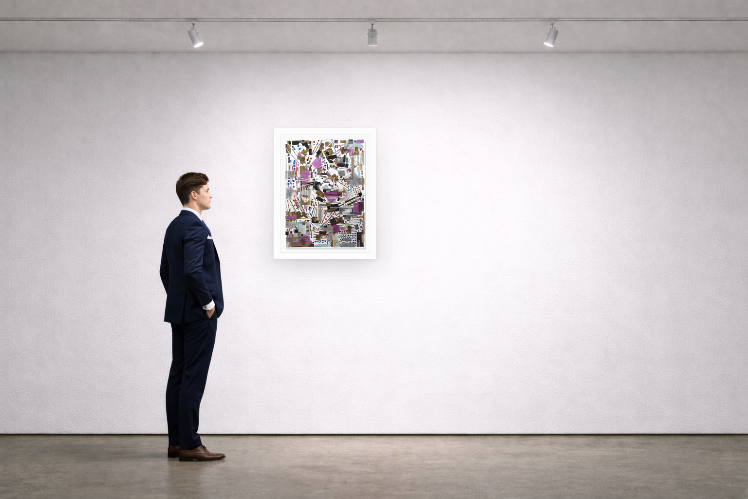 Gallery installation view of Larusa artwork 003 with flat white floating frame and realistic overlapping multi-light shadow
