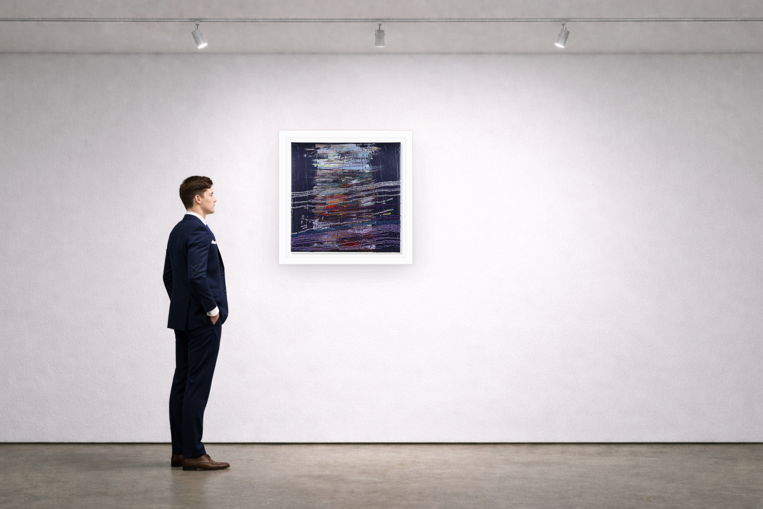 Gallery installation view of Larusa artwork 004 with flat white floating frame and realistic overlapping multi-light shadow