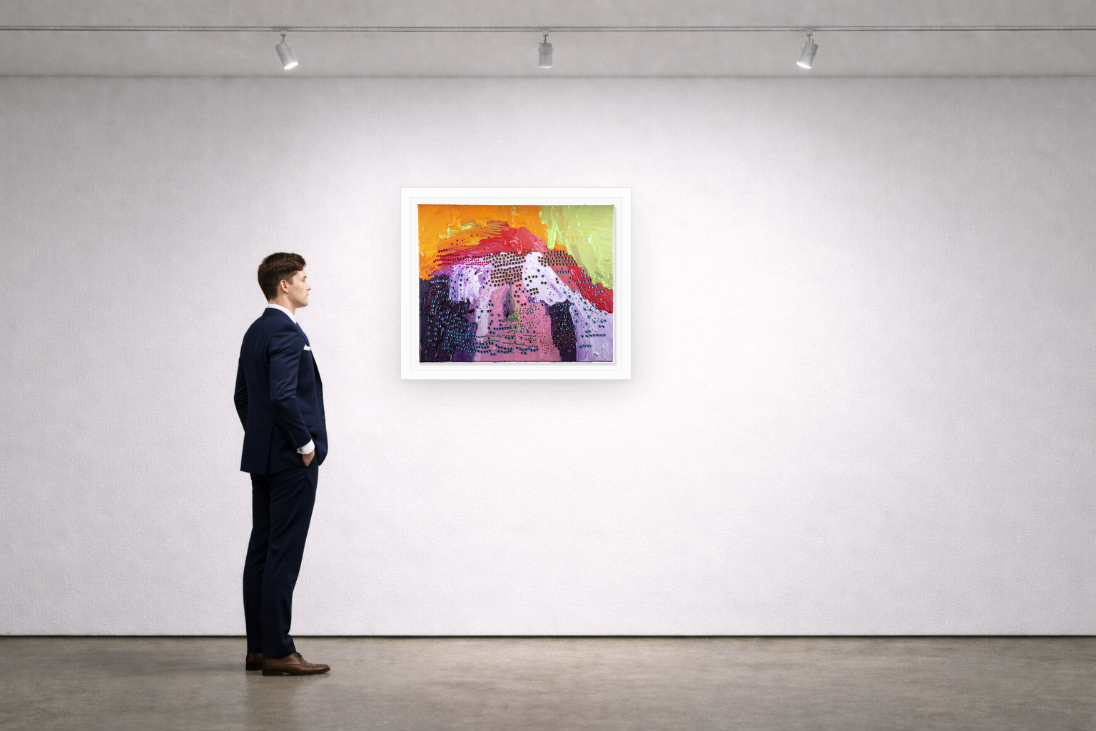 Gallery installation view of Larusa artwork 005 with flat white floating frame and realistic overlapping multi-light shadow