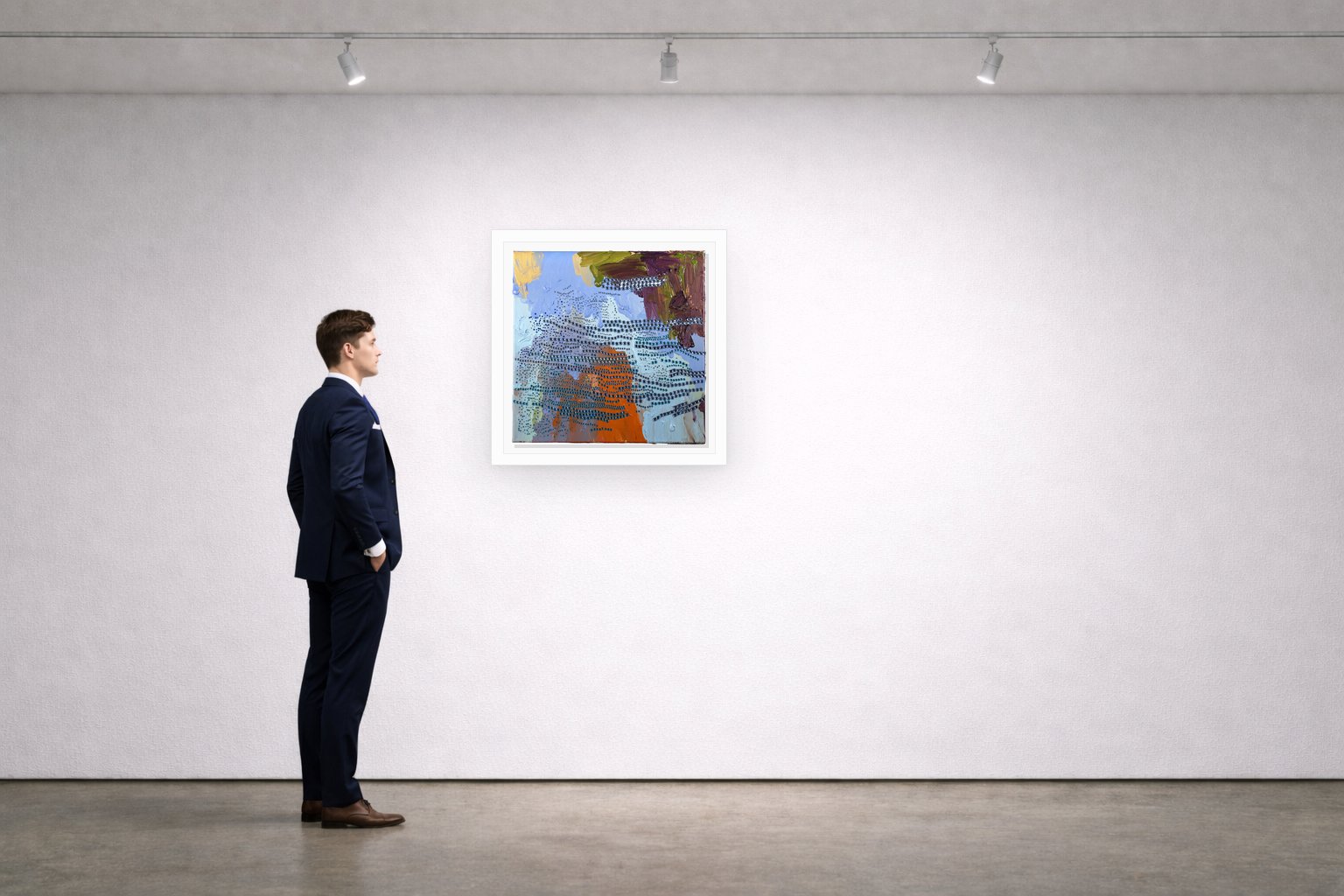 Gallery installation view of Larusa artwork 006 with flat white floating frame and realistic overlapping multi-light shadow