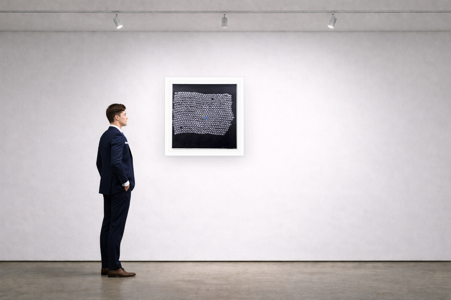Gallery installation view of Larusa artwork 007 with flat white floating frame and realistic overlapping multi-light shadow