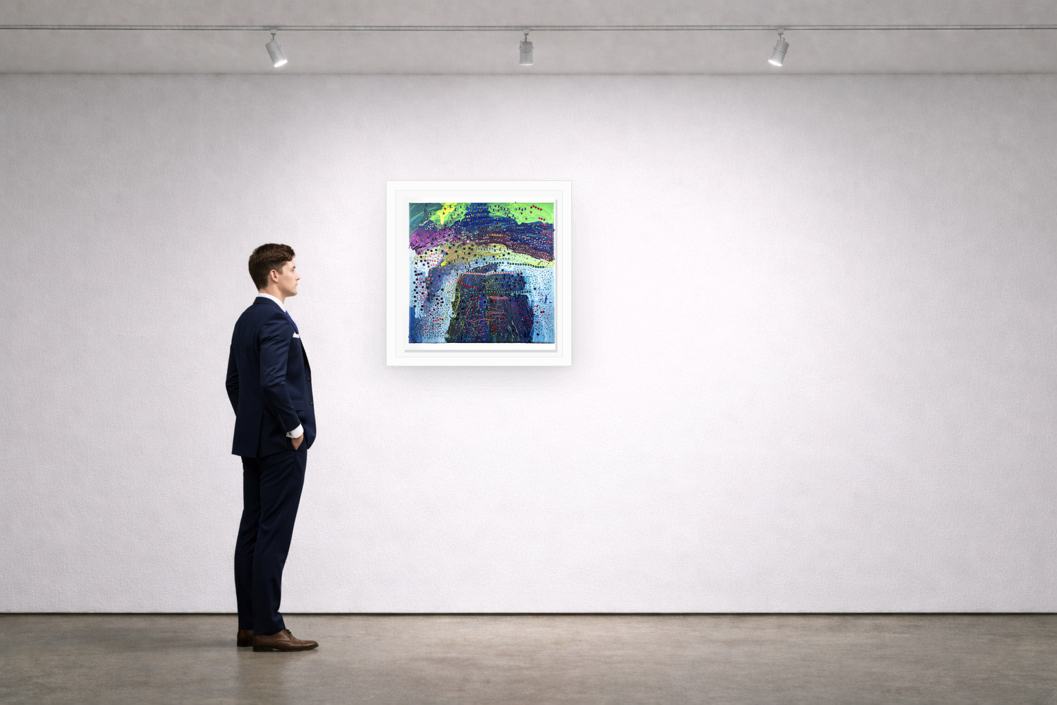 Gallery installation view of Larusa artwork 008 with flat white floating frame and realistic overlapping multi-light shadow