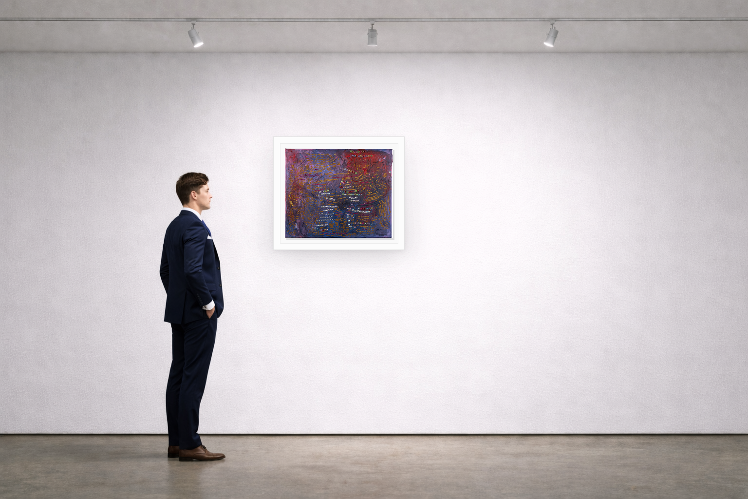 Gallery installation view of Larusa artwork 009 with flat white floating frame and realistic overlapping multi-light shadow