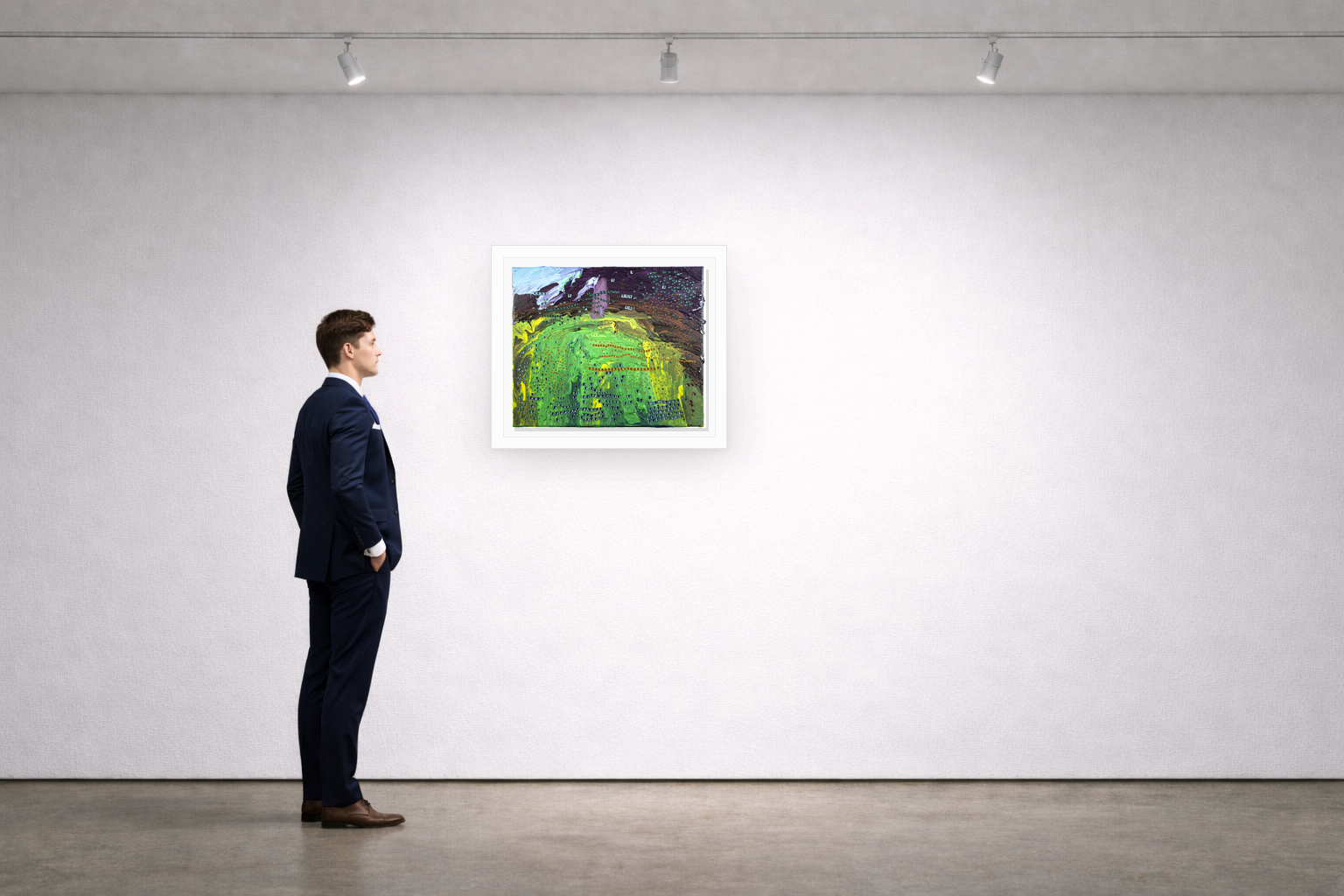Gallery installation view of Larusa artwork 010 with flat white floating frame and realistic overlapping multi-light shadow