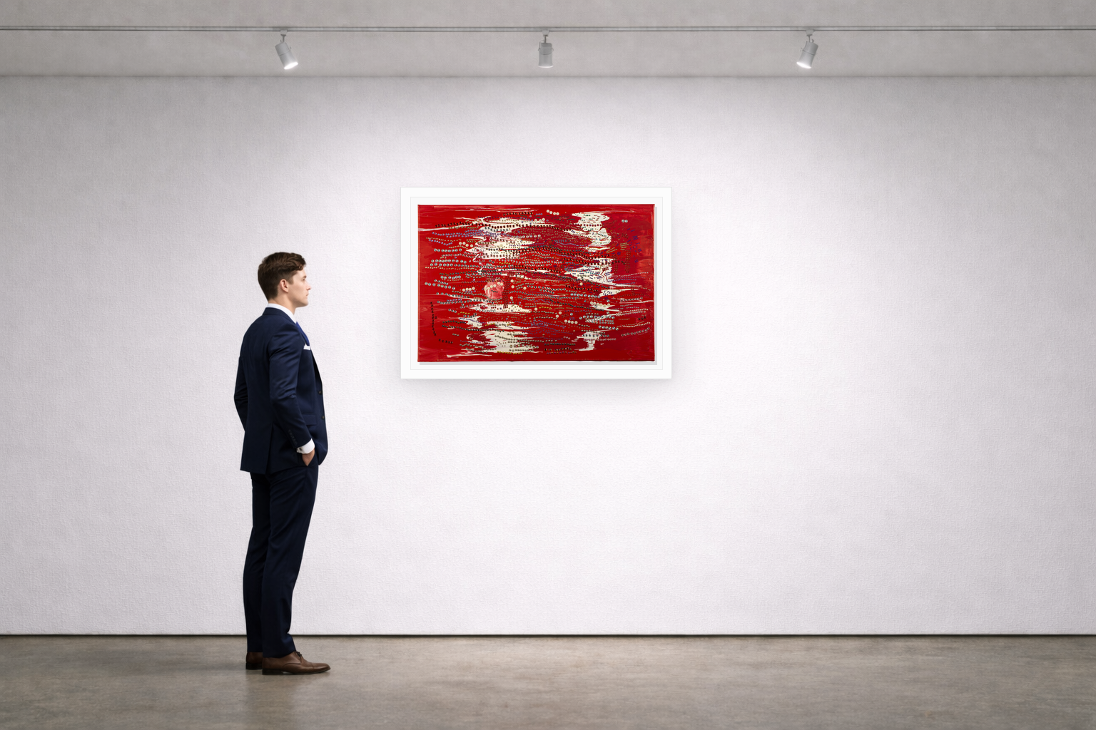 Gallery installation view of Larusa artwork 012 with flat white floating frame and realistic overlapping multi-light shadow