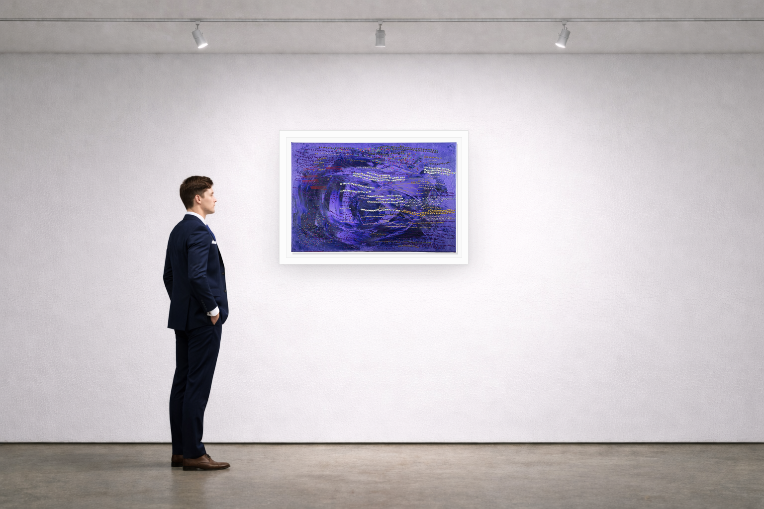 Gallery installation view of Larusa artwork 013 with flat white floating frame and realistic overlapping multi-light shadow