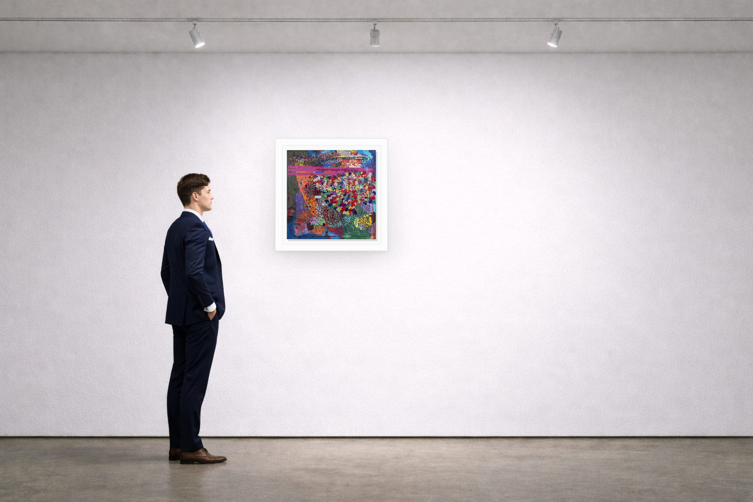 Gallery installation view of Larusa artwork 014 with flat white floating frame and realistic overlapping multi-light shadow