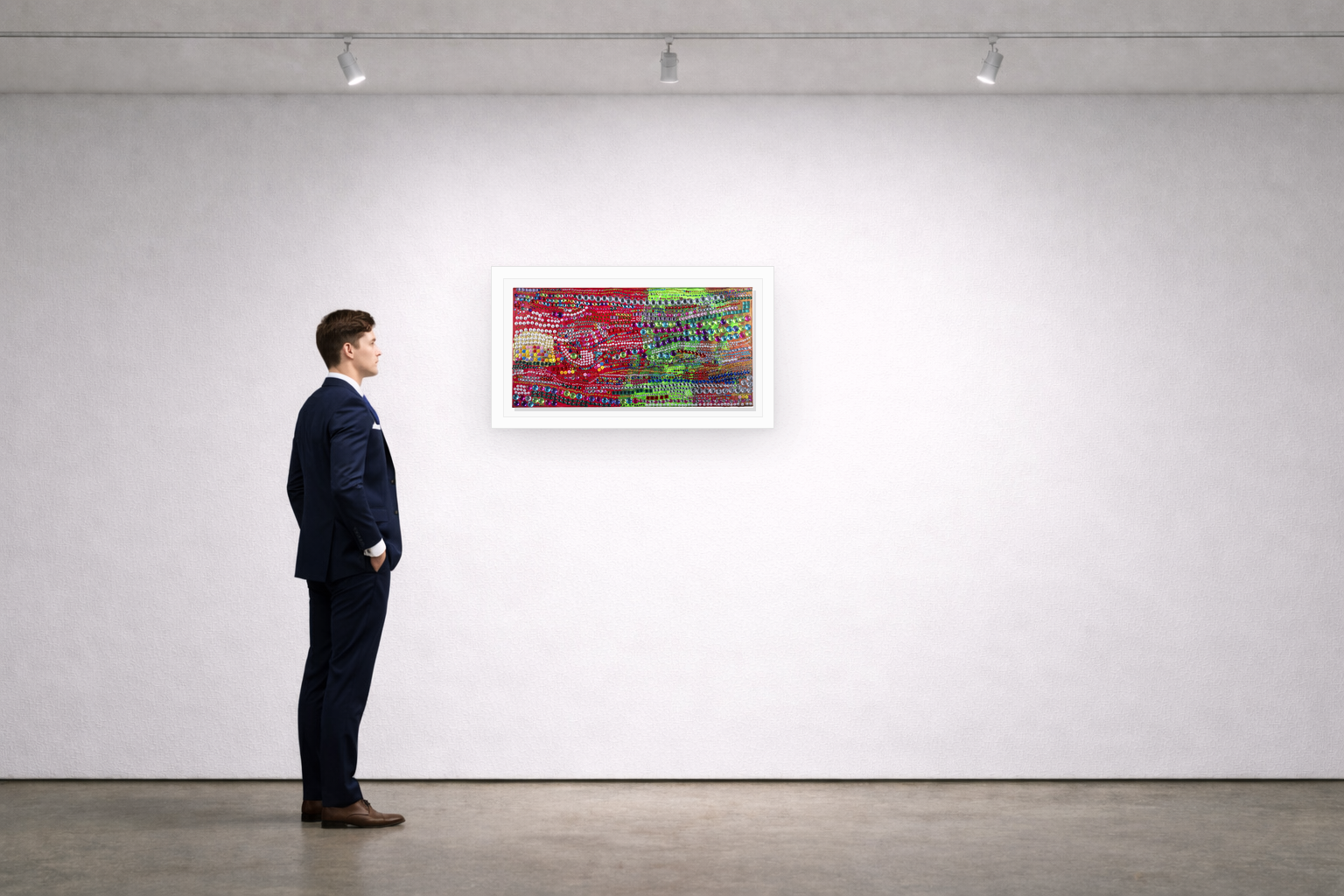 Gallery installation view of Larusa artwork 015 with flat white floating frame and realistic overlapping multi-light shadow