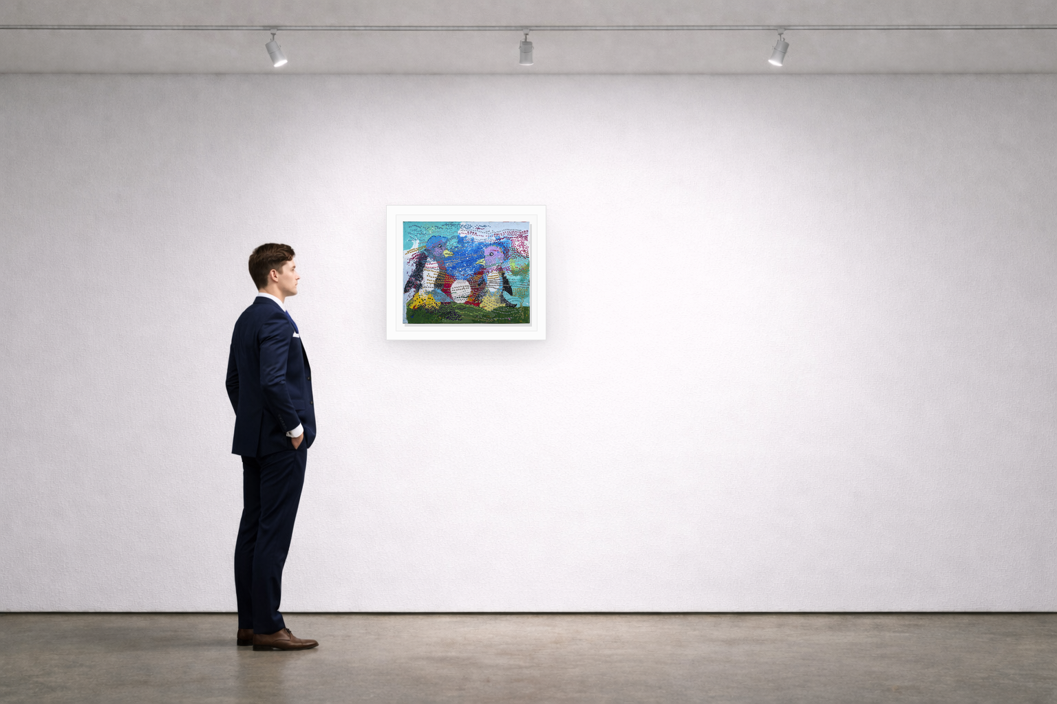 Gallery installation view of Larusa artwork 017 with flat white floating frame and realistic overlapping multi-light shadow