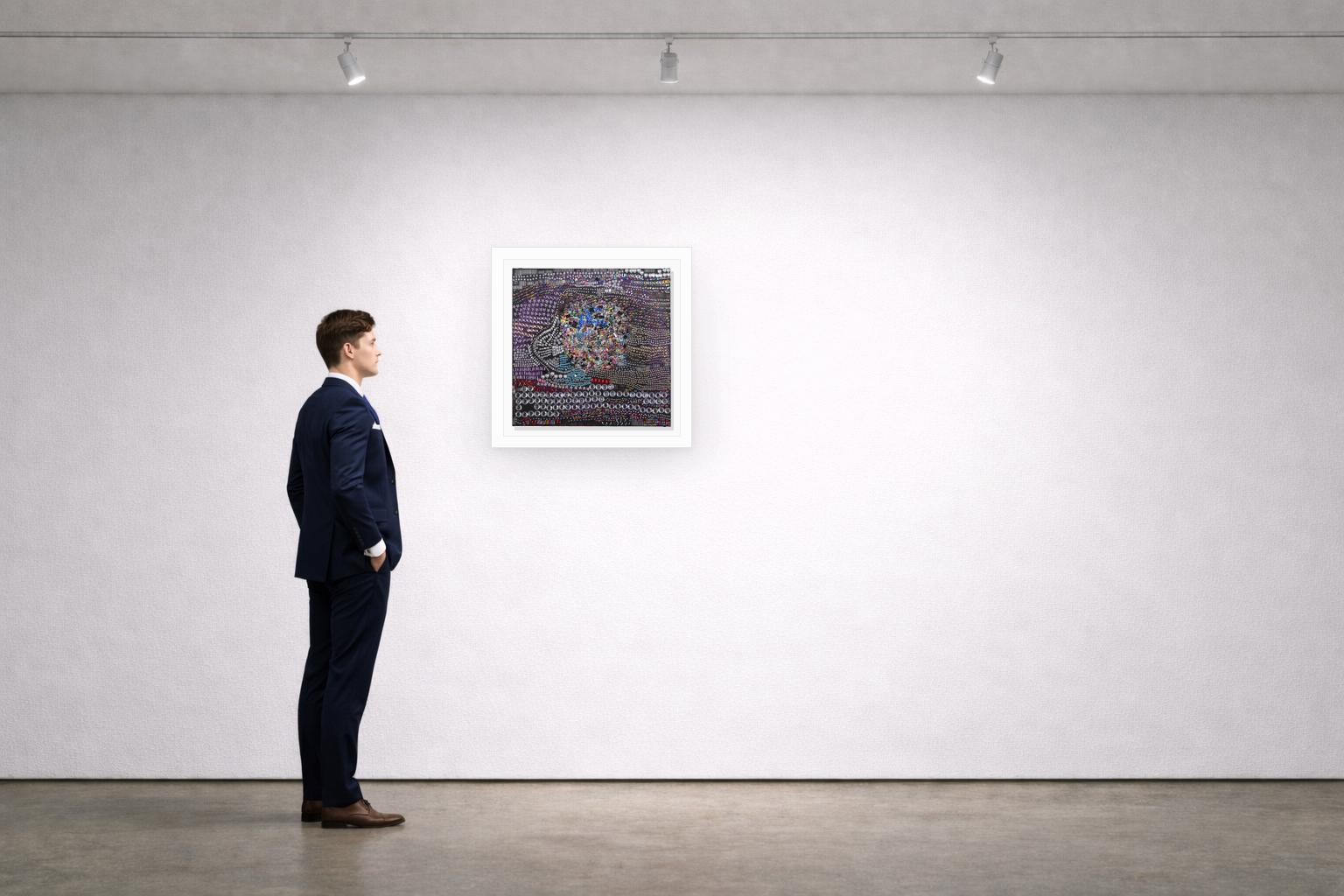 Gallery installation view of Larusa artwork 018 with flat white floating frame and realistic overlapping multi-light shadow