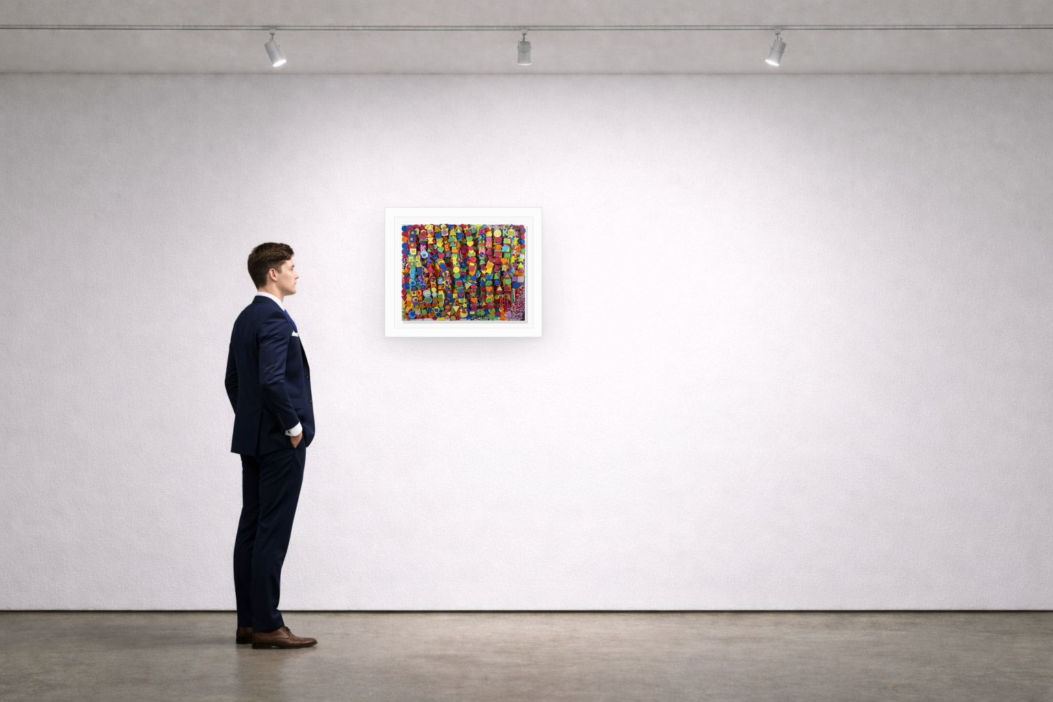 Gallery installation view of Larusa artwork 019 with flat white floating frame and realistic overlapping multi-light shadow