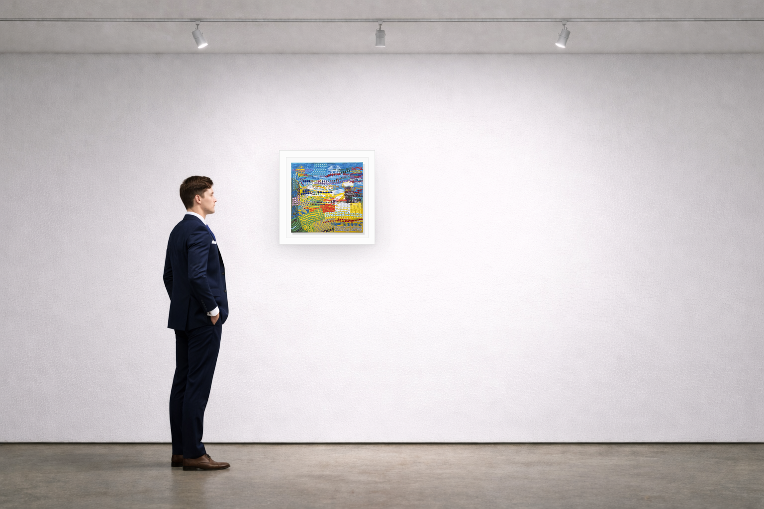 Gallery installation view of Larusa artwork 020 with flat white floating frame and realistic overlapping multi-light shadow