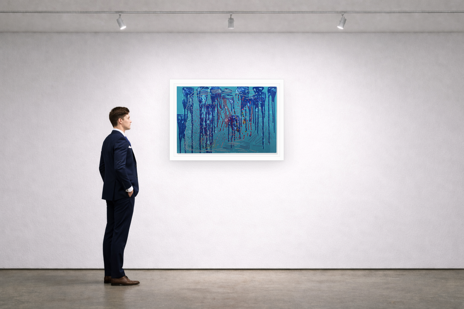 Gallery installation view of Larusa artwork 021 with flat white floating frame and realistic overlapping multi-light shadow