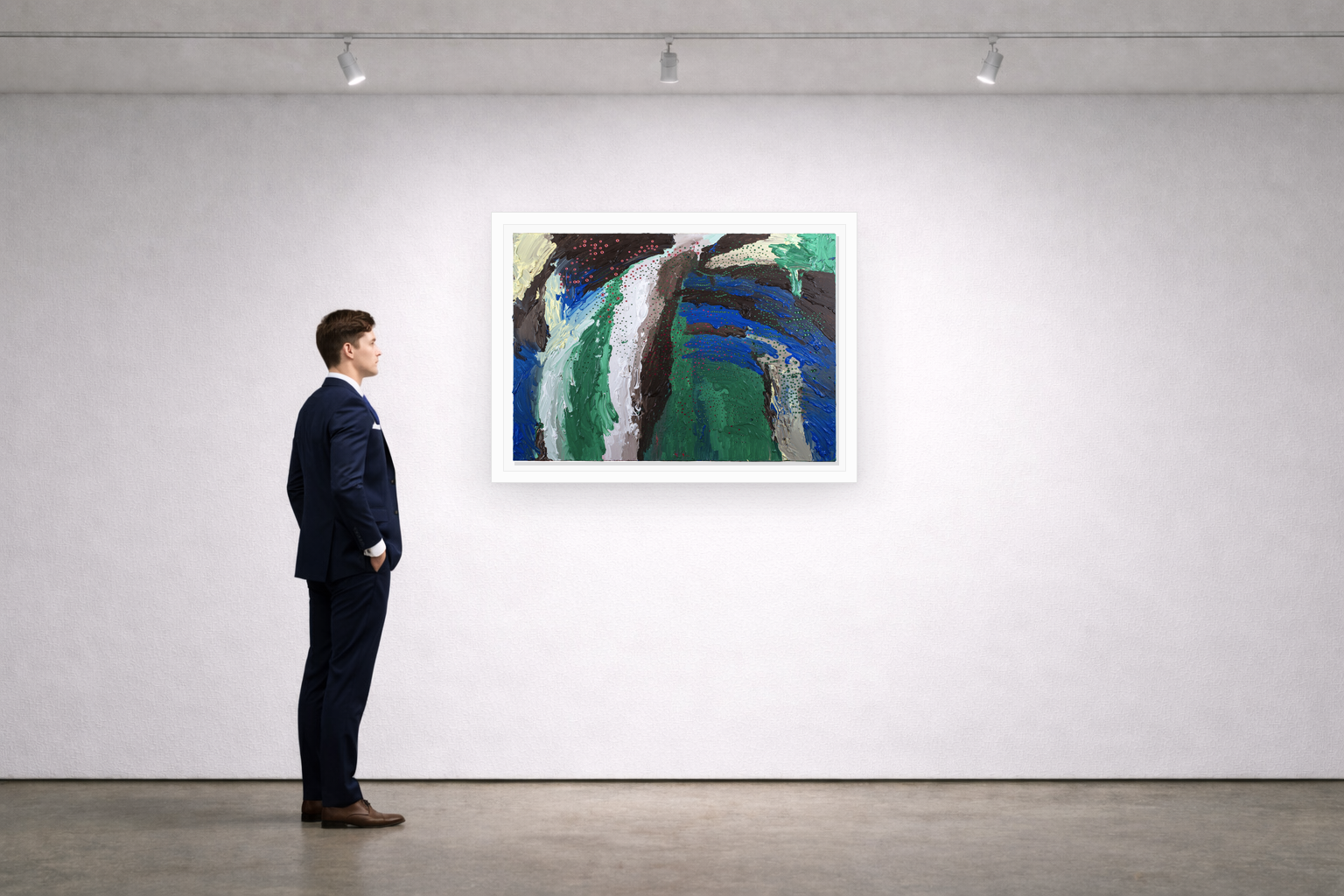Gallery installation view of Larusa artwork 022 with flat white floating frame and realistic overlapping multi-light shadow