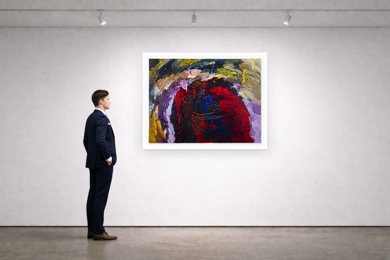 Gallery installation view of Larusa artwork 023 with flat white floating frame and realistic overlapping multi-light shadow