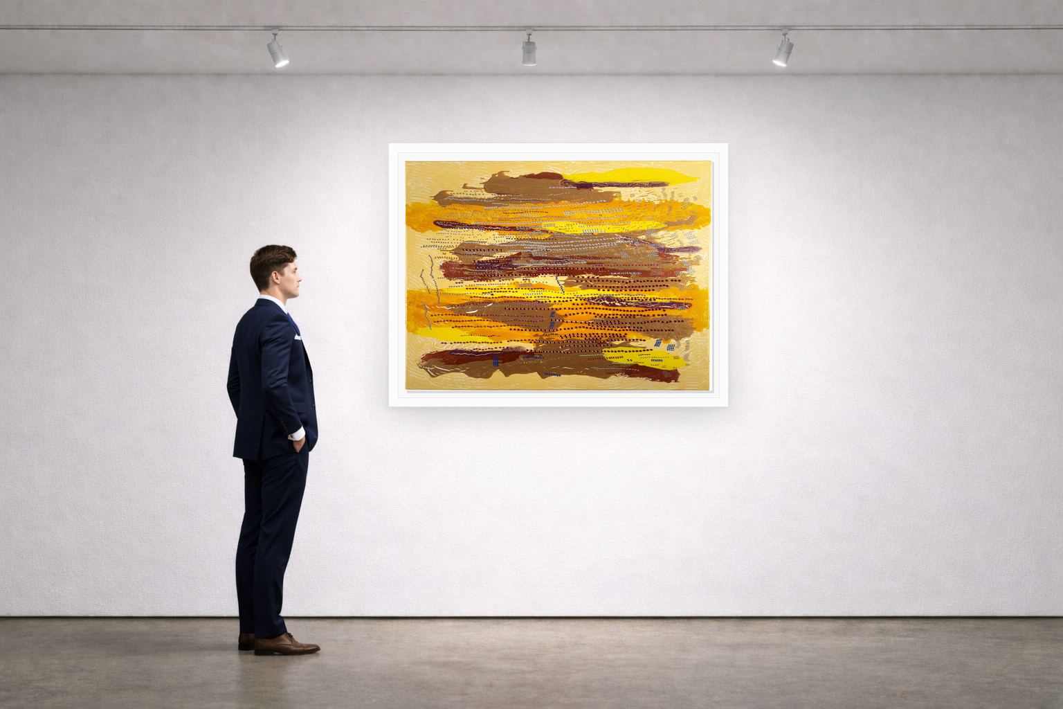 Gallery installation view of Larusa artwork 024 with flat white floating frame and realistic overlapping multi-light shadow