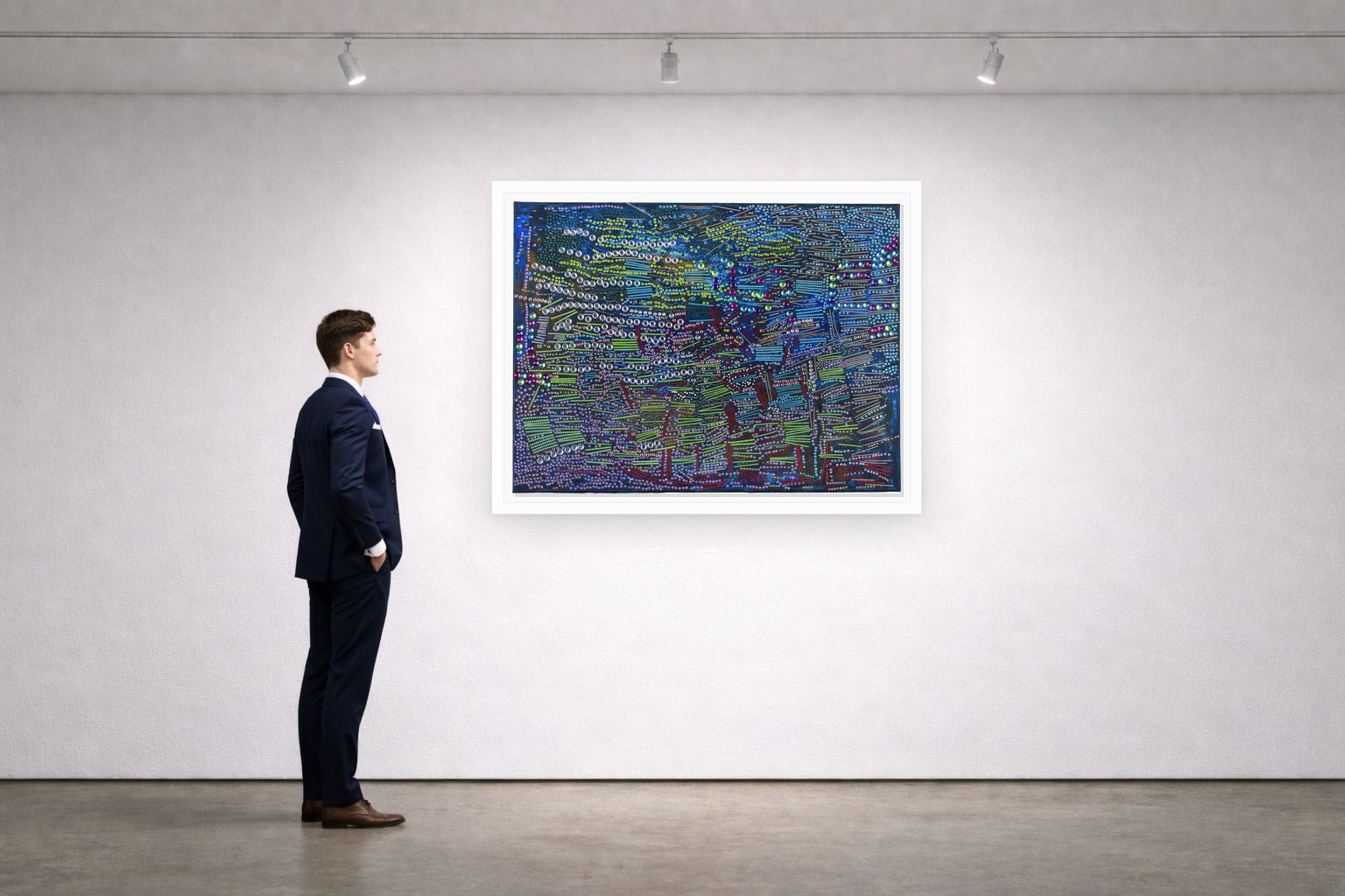 Gallery installation view of Larusa artwork 025 with flat white floating frame and realistic overlapping multi-light shadow