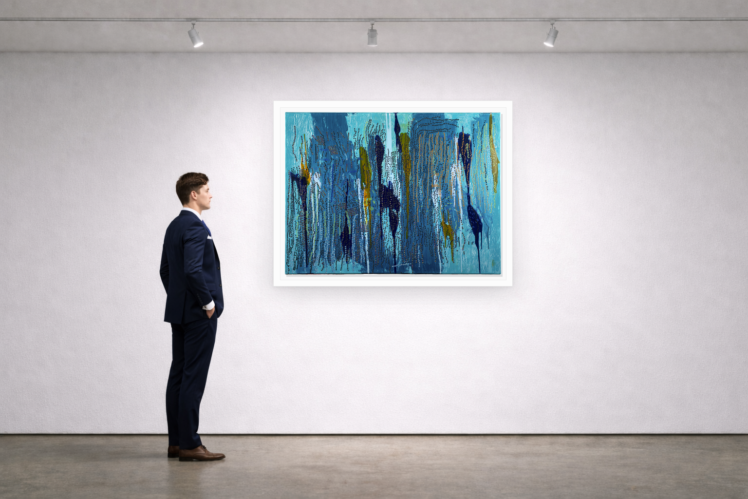 Gallery installation view of Larusa artwork 026 with flat white floating frame and realistic overlapping multi-light shadow