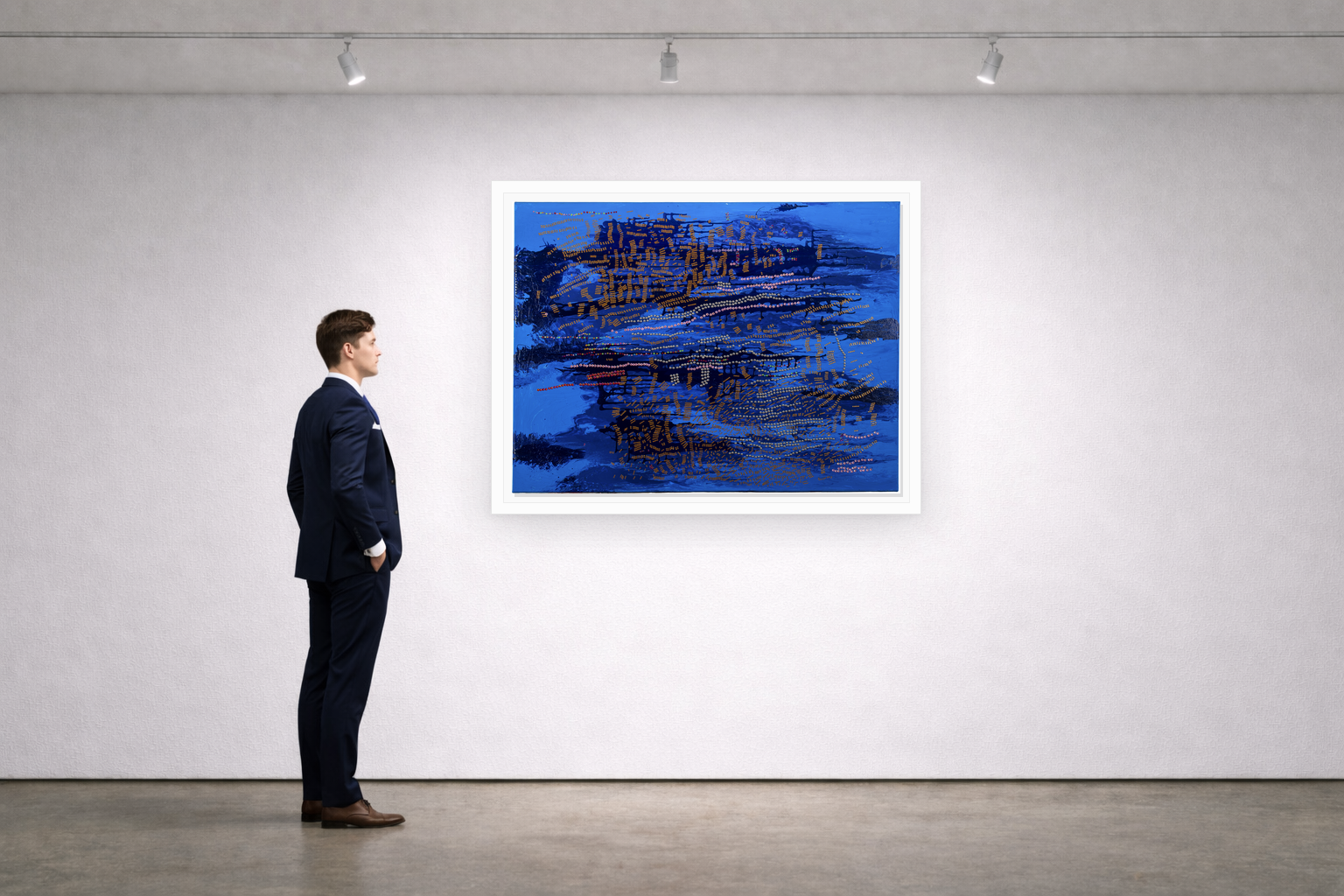 Gallery installation view of Larusa artwork 027 with flat white floating frame and realistic overlapping multi-light shadow