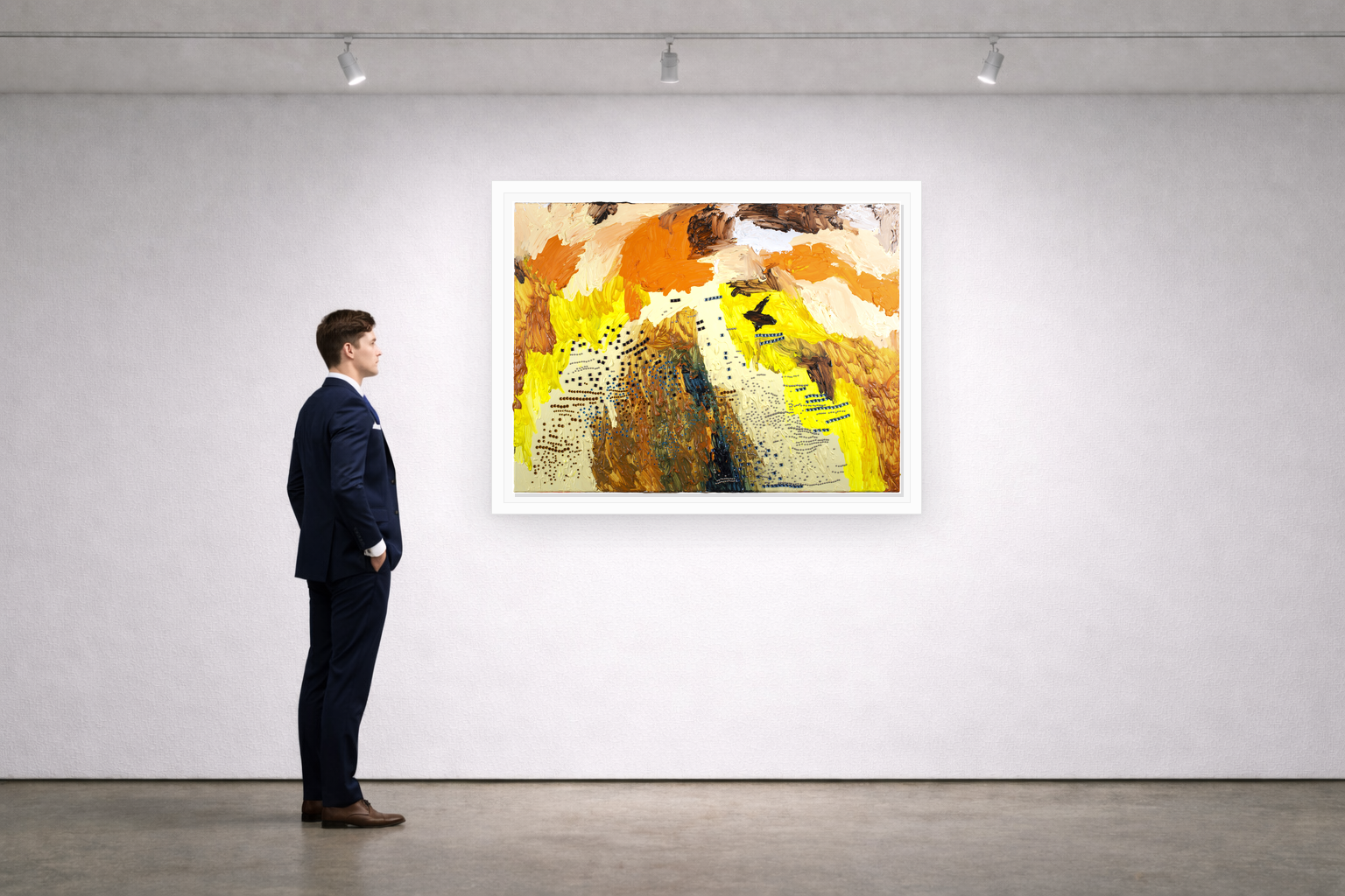 Gallery installation view of Larusa artwork 028 with flat white floating frame and realistic overlapping multi-light shadow