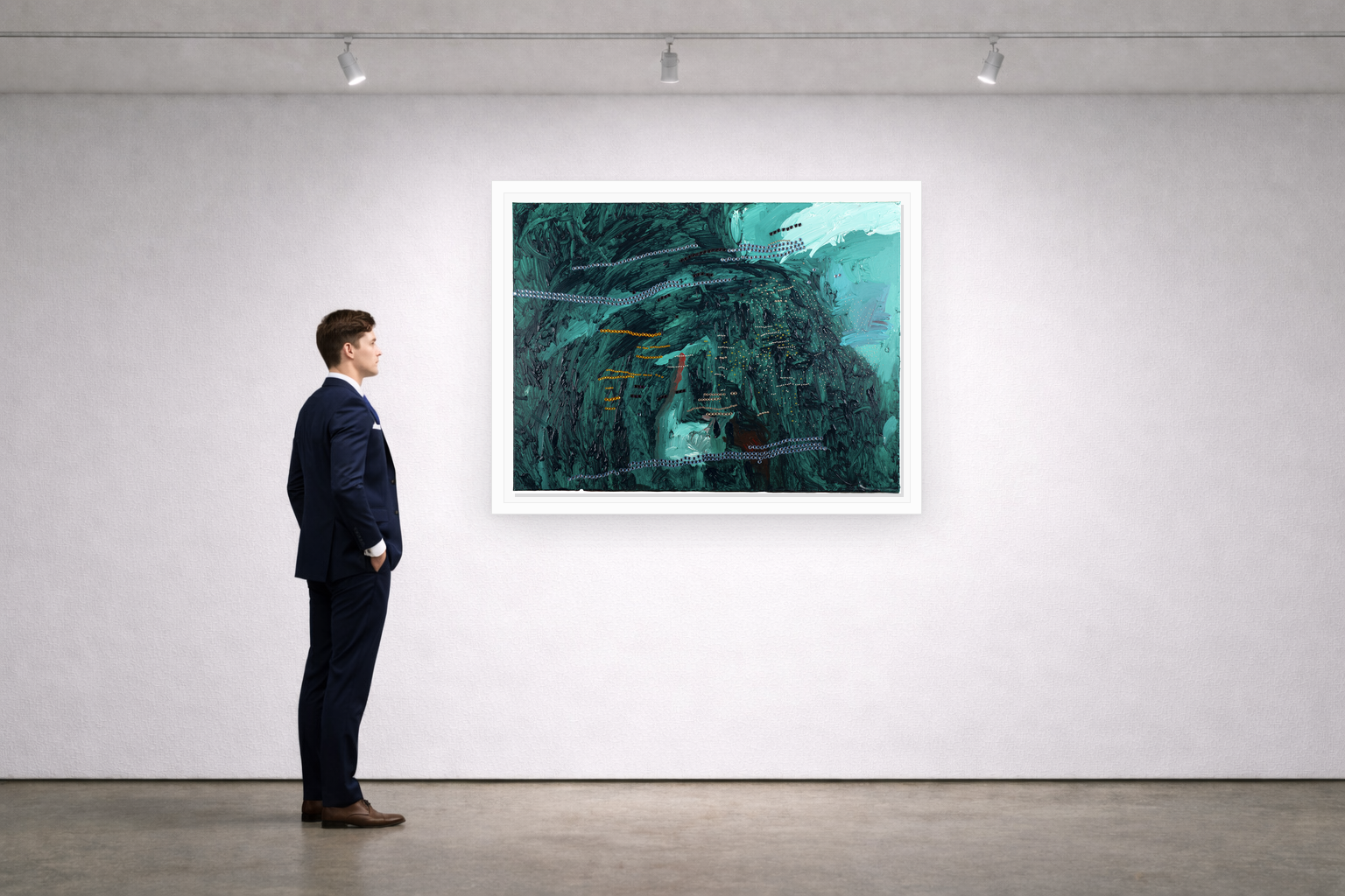 Gallery installation view of Larusa artwork 029 with flat white floating frame and realistic overlapping multi-light shadow