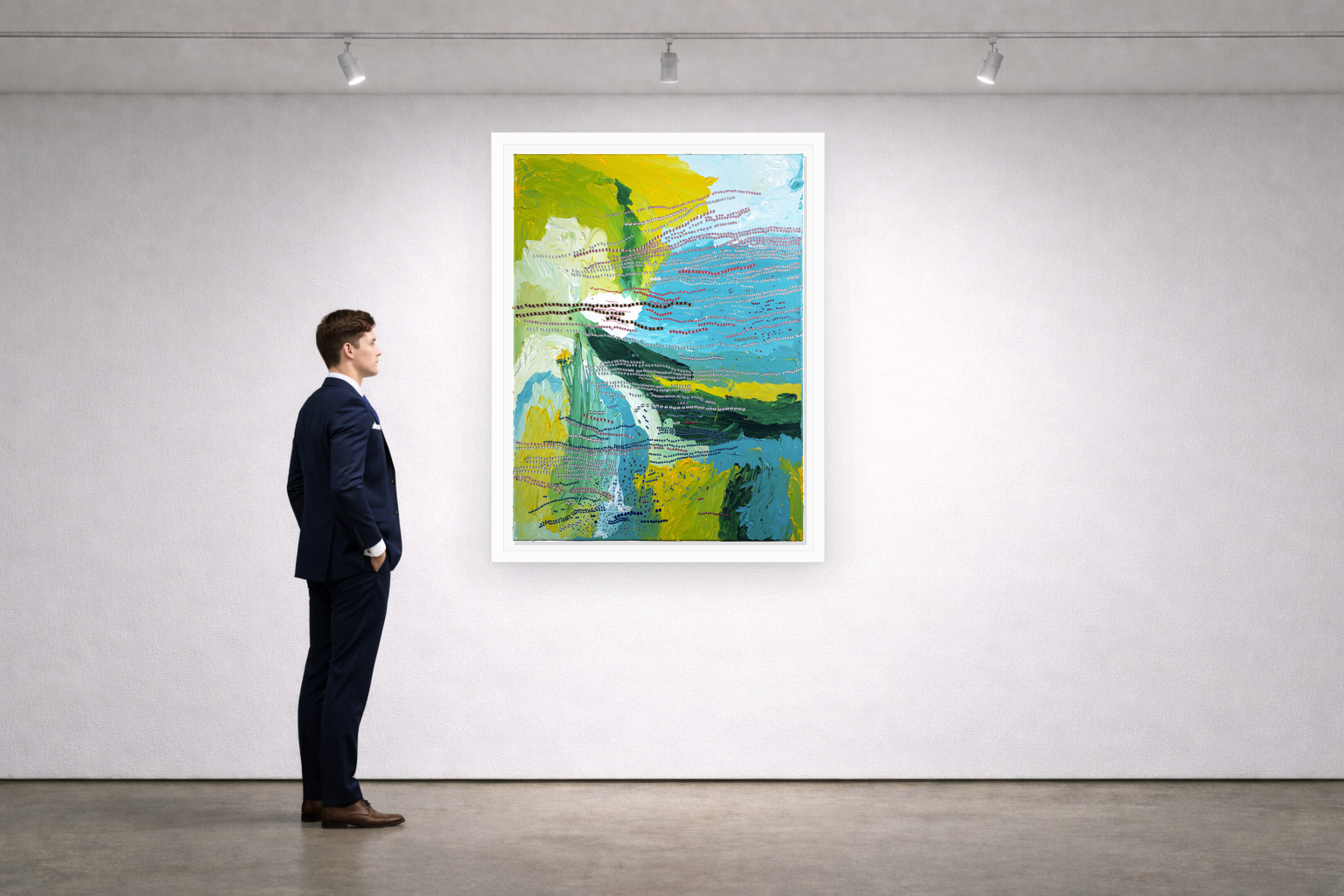 Gallery installation view of Larusa artwork 030 with flat white floating frame and realistic overlapping multi-light shadow