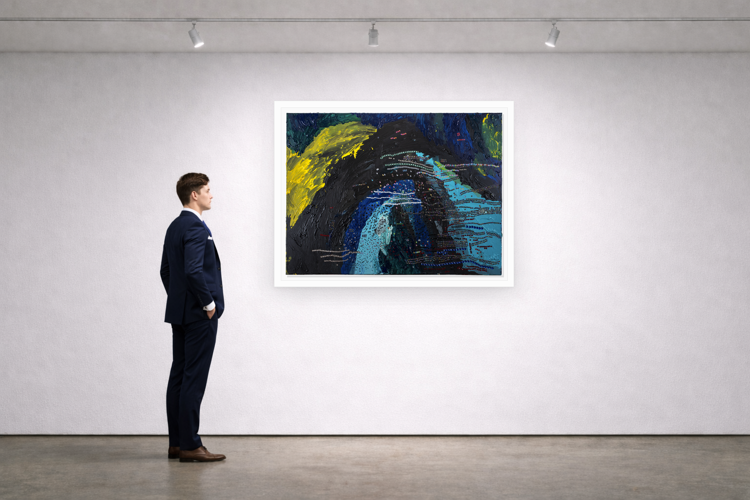Gallery installation view of Larusa artwork 031 with flat white floating frame and realistic overlapping multi-light shadow