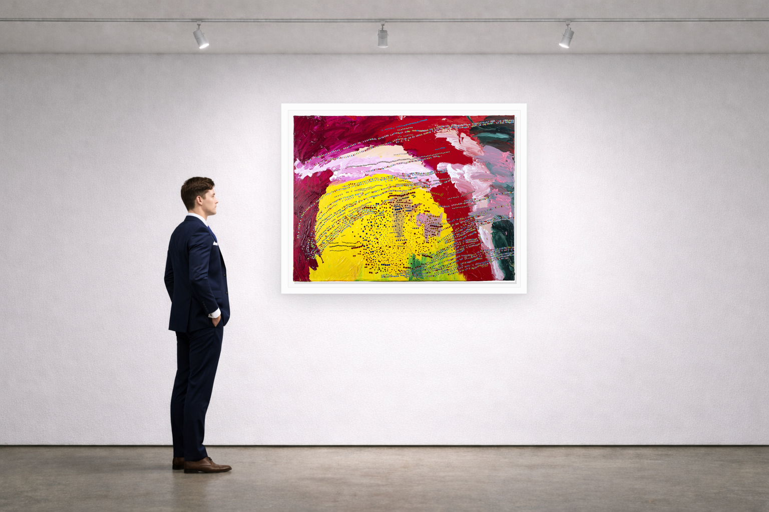 Gallery installation view of Larusa artwork 032 with flat white floating frame and realistic overlapping multi-light shadow
