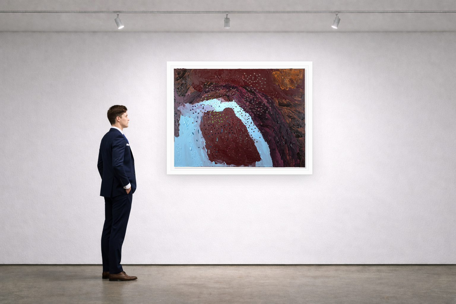 Gallery installation view of Larusa artwork 033 with flat white floating frame and realistic overlapping multi-light shadow