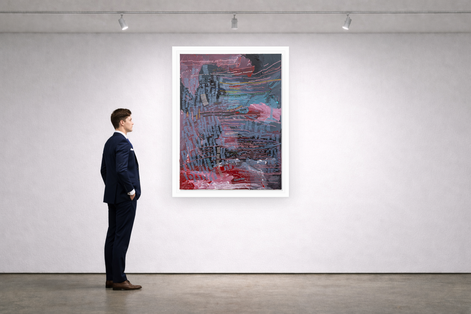 Gallery installation view of Larusa artwork 034 with flat white floating frame and realistic overlapping multi-light shadow