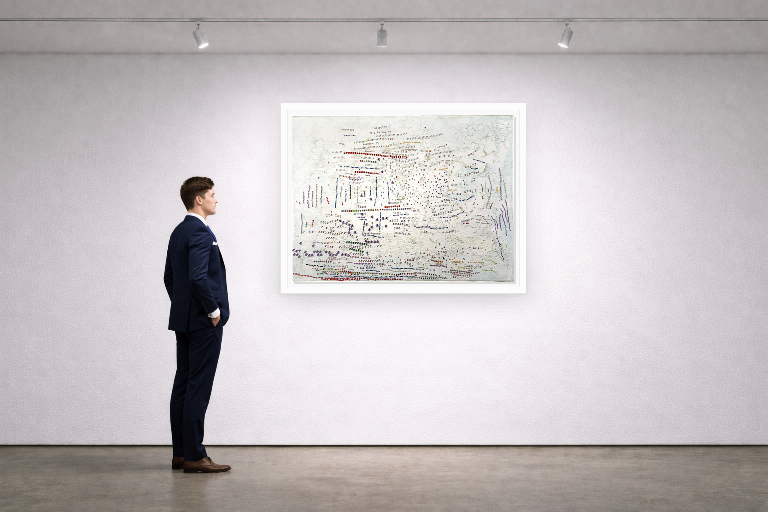 Gallery installation view of Larusa artwork 035 with flat white floating frame and realistic overlapping multi-light shadow