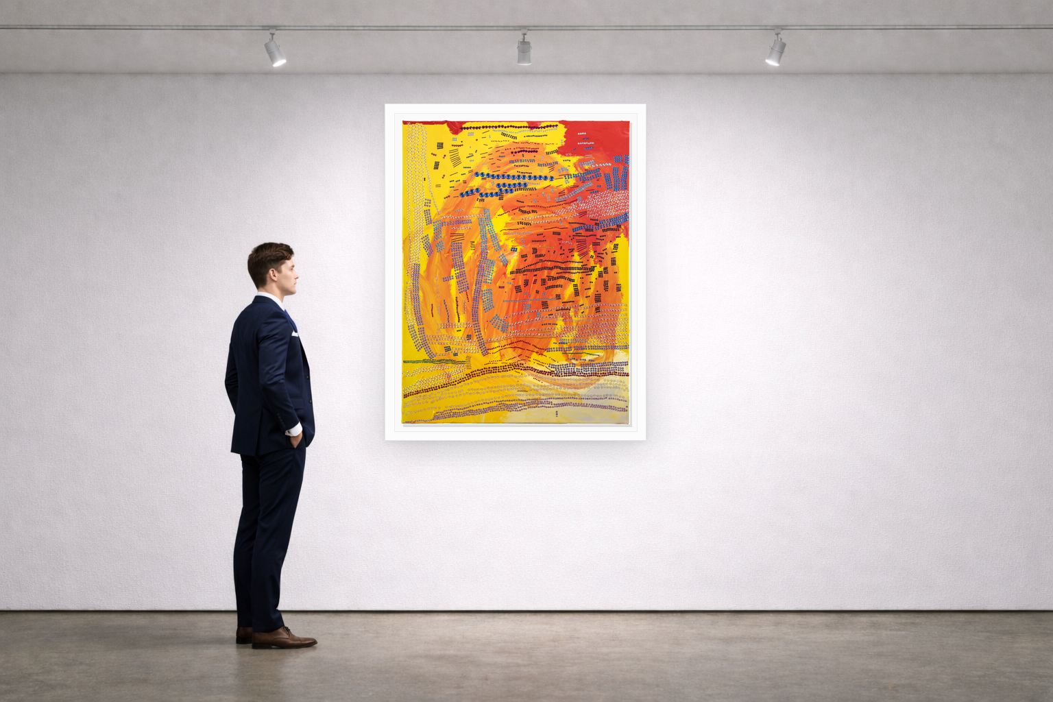 Gallery installation view of Larusa artwork 036 with flat white floating frame and realistic overlapping multi-light shadow