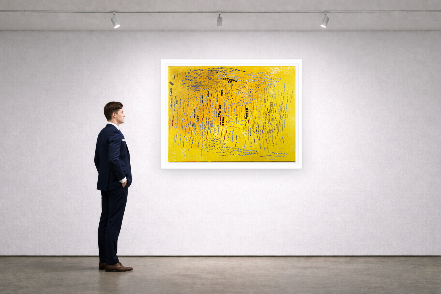 Gallery installation view of Larusa artwork 037 with flat white floating frame and realistic overlapping multi-light shadow