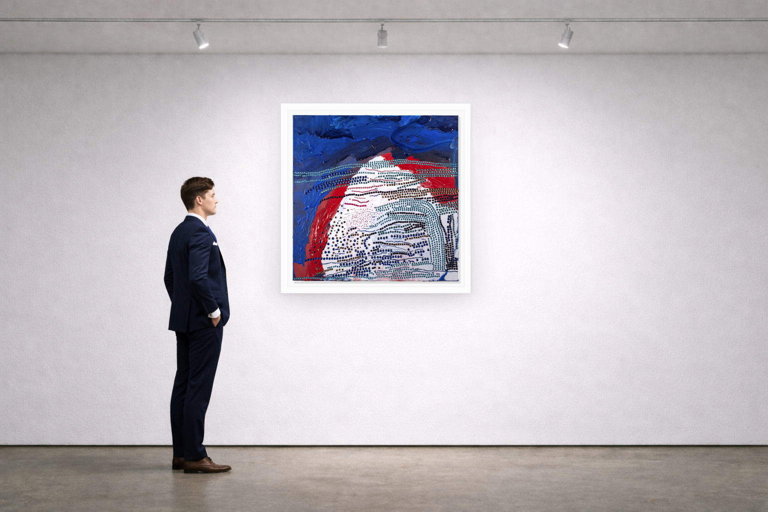 Gallery installation view of Larusa artwork 038 with flat white floating frame and realistic overlapping multi-light shadow