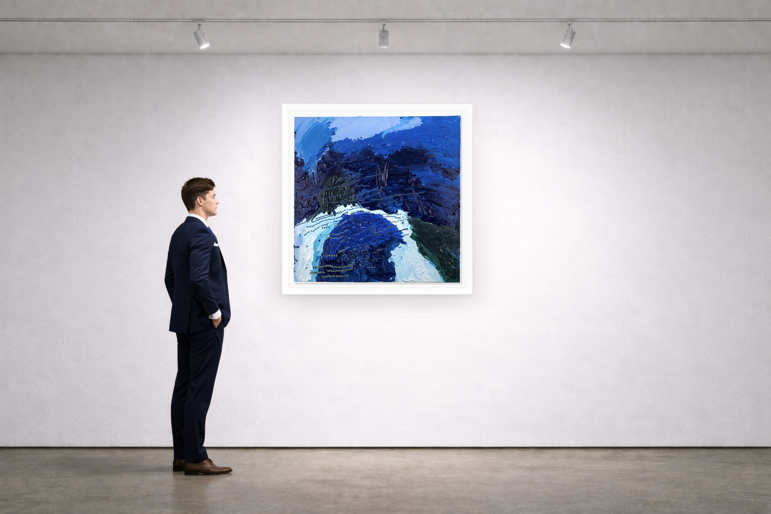 Gallery installation view of Larusa artwork 039 with flat white floating frame and realistic overlapping multi-light shadow