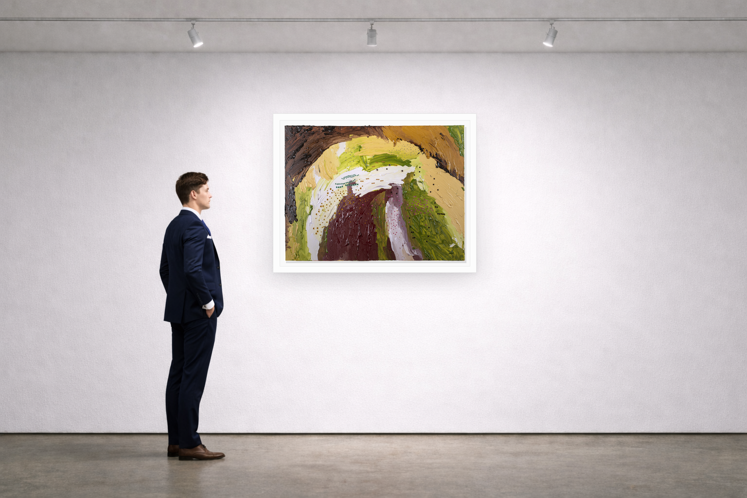 Gallery installation view of Larusa artwork 040 with flat white floating frame and realistic overlapping multi-light shadow