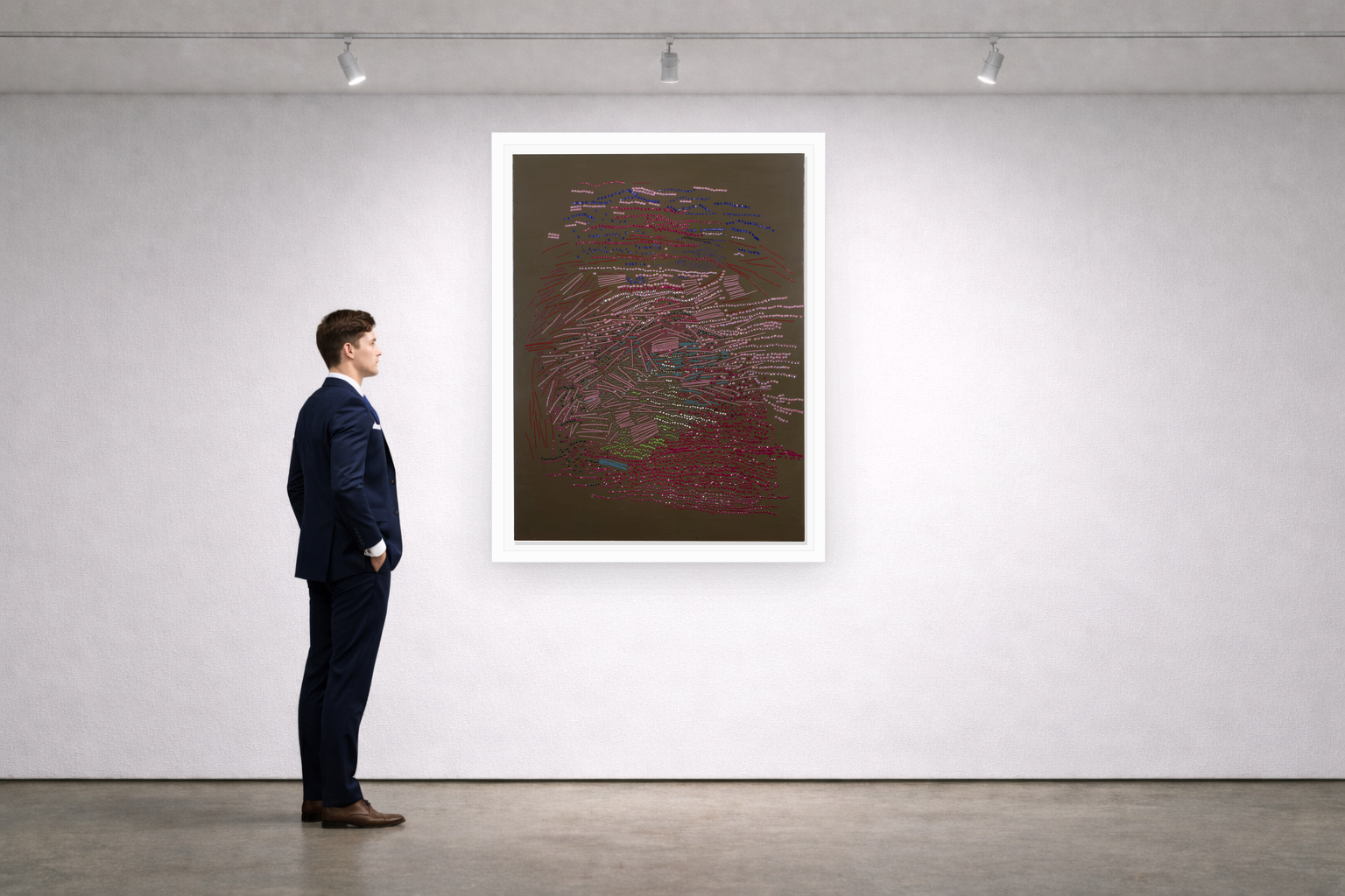 Gallery installation view of Larusa artwork 041 with flat white floating frame and realistic overlapping multi-light shadow