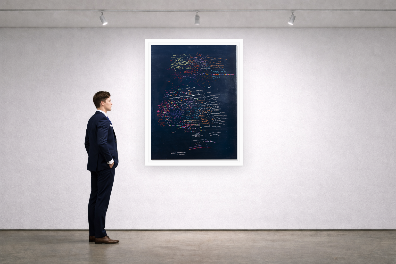 Gallery installation view of Larusa artwork 042 with flat white floating frame and realistic overlapping multi-light shadow