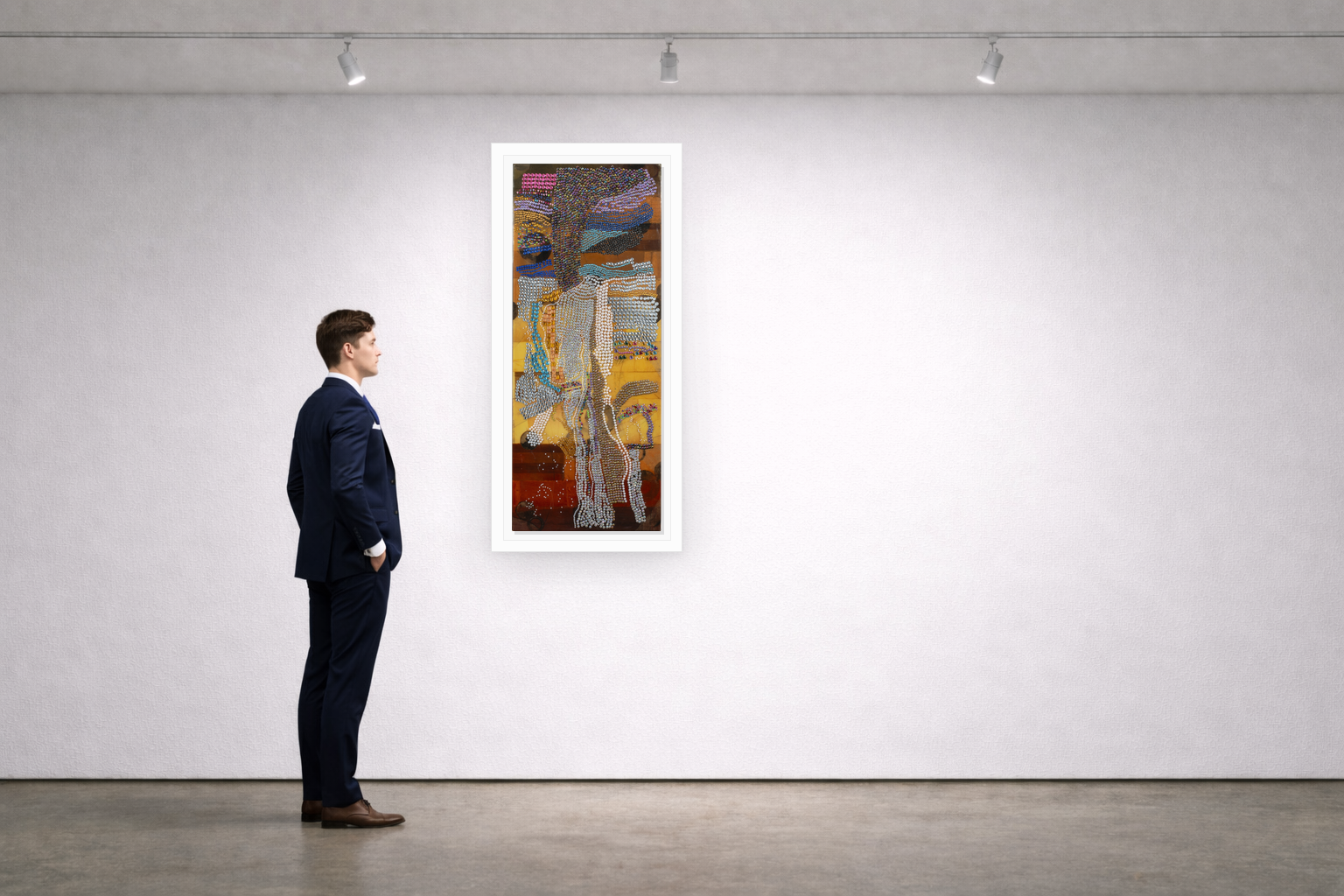 Gallery installation view of Larusa artwork 043 with flat white floating frame and realistic overlapping multi-light shadow