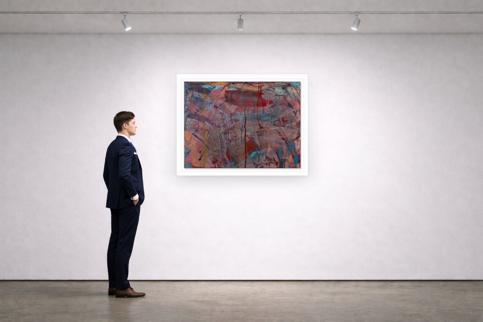 Gallery installation view of Larusa artwork 044 with flat white floating frame and realistic overlapping multi-light shadow