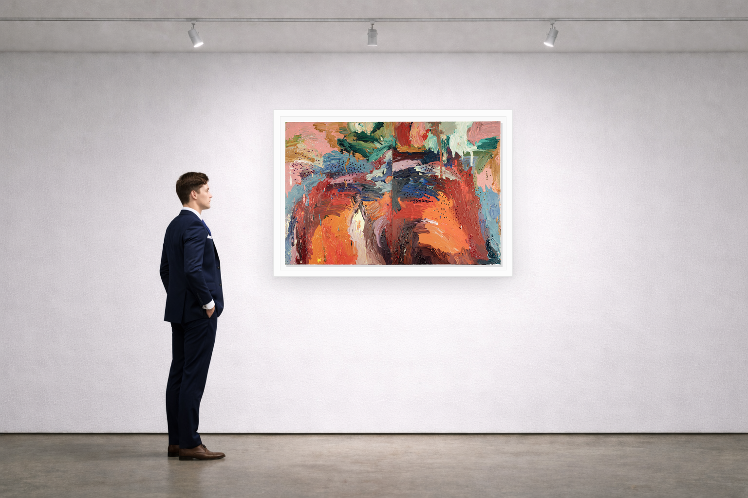 Gallery installation view of Larusa artwork 050 with flat white floating frame and realistic overlapping multi-light shadow
