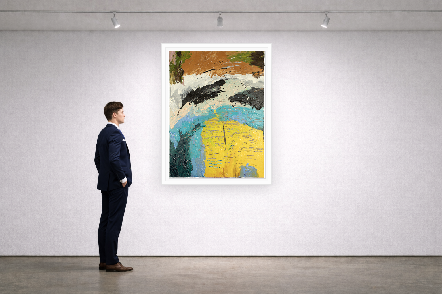 Gallery installation view of Larusa artwork 051 with flat white floating frame and realistic overlapping multi-light shadow