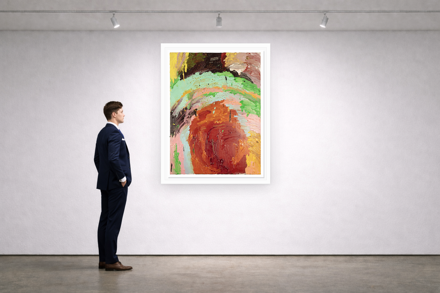Gallery installation view of Larusa artwork 052 with flat white floating frame and realistic overlapping multi-light shadow