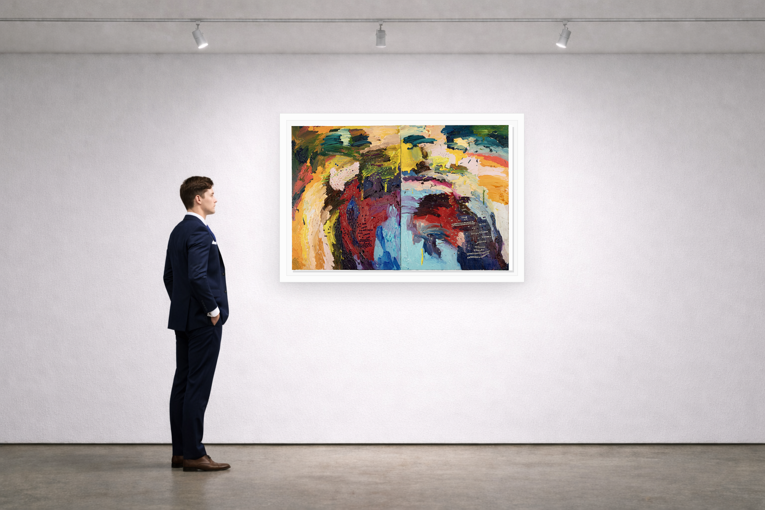 Gallery installation view of Larusa artwork 053 with flat white floating frame and realistic overlapping multi-light shadow