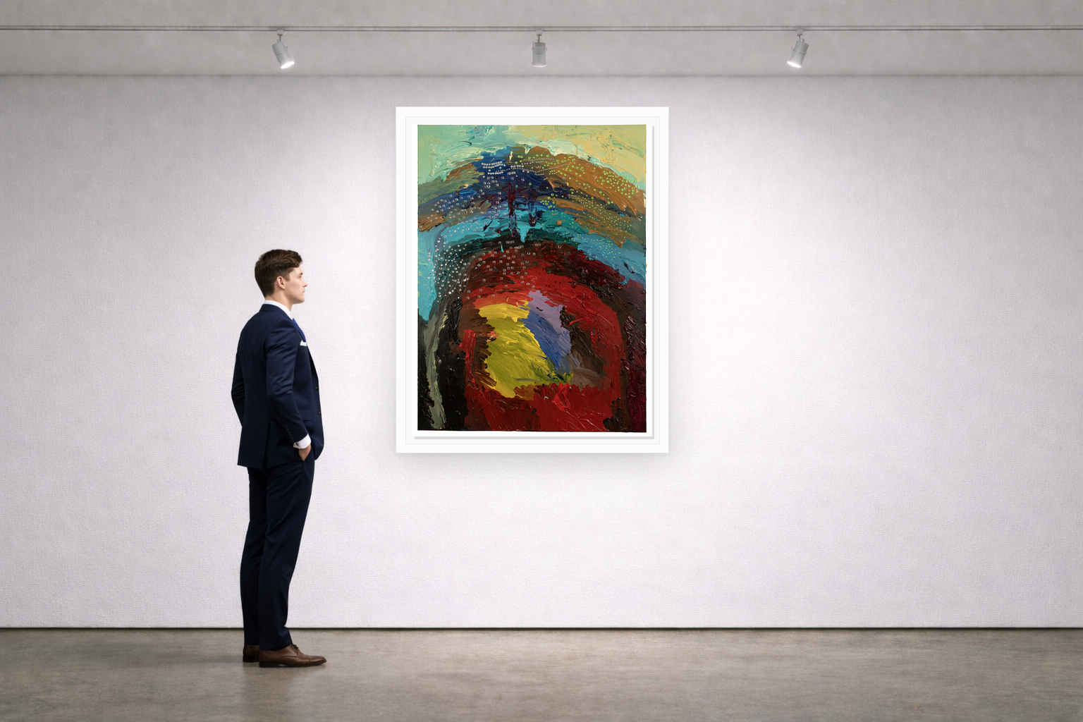Gallery installation view of Larusa artwork 054 with flat white floating frame and realistic overlapping multi-light shadow