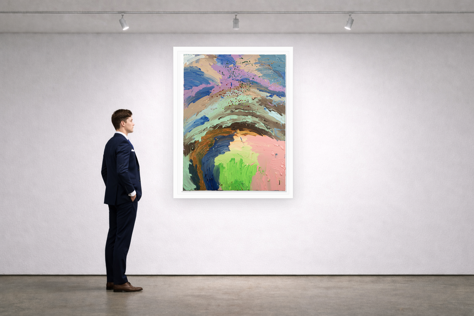 Gallery installation view of Larusa artwork 055 with flat white floating frame and realistic overlapping multi-light shadow