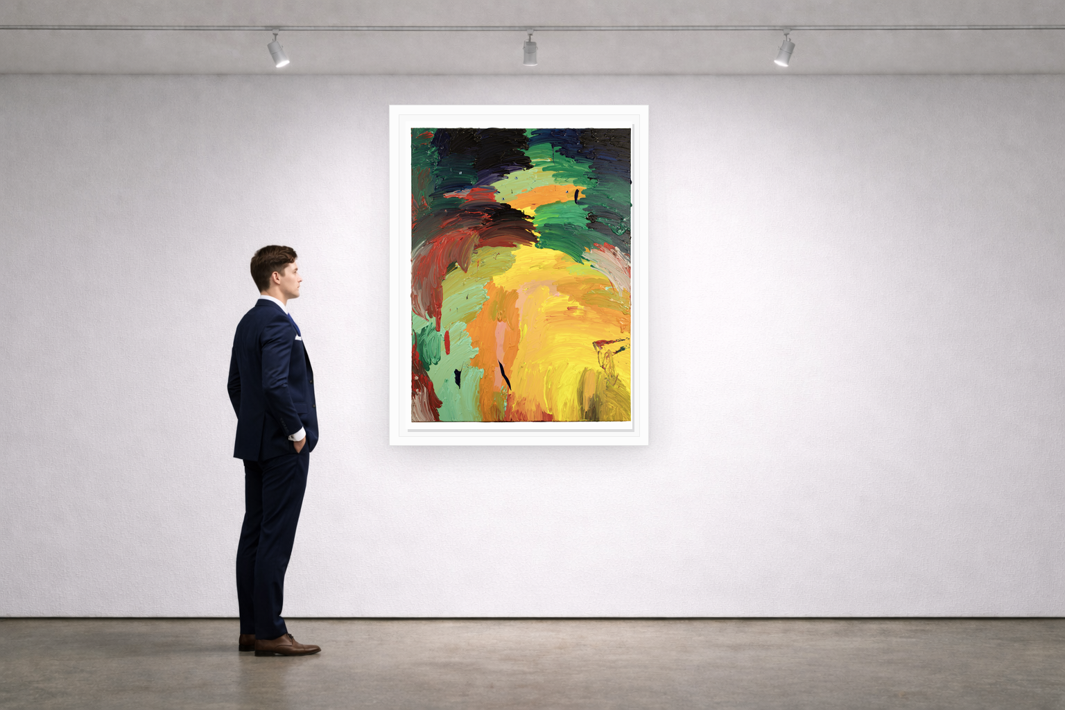 Gallery installation view of Larusa artwork 056 with flat white floating frame and realistic overlapping multi-light shadow