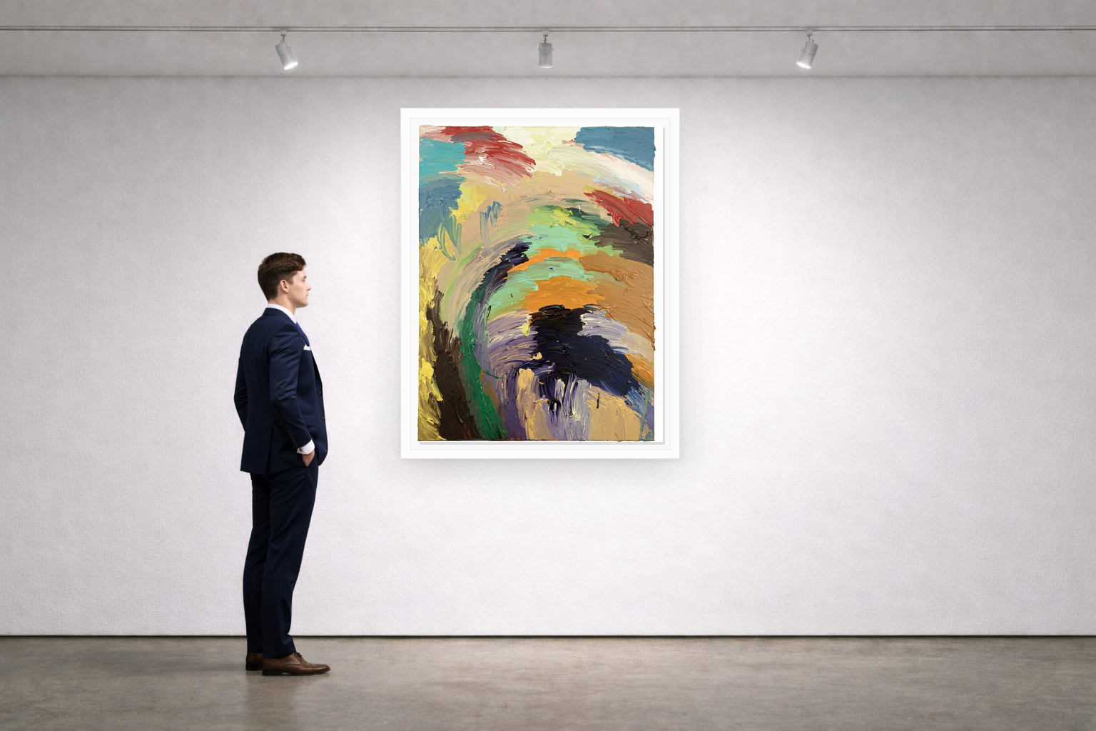 Gallery installation view of Larusa artwork 057 with flat white floating frame and realistic overlapping multi-light shadow